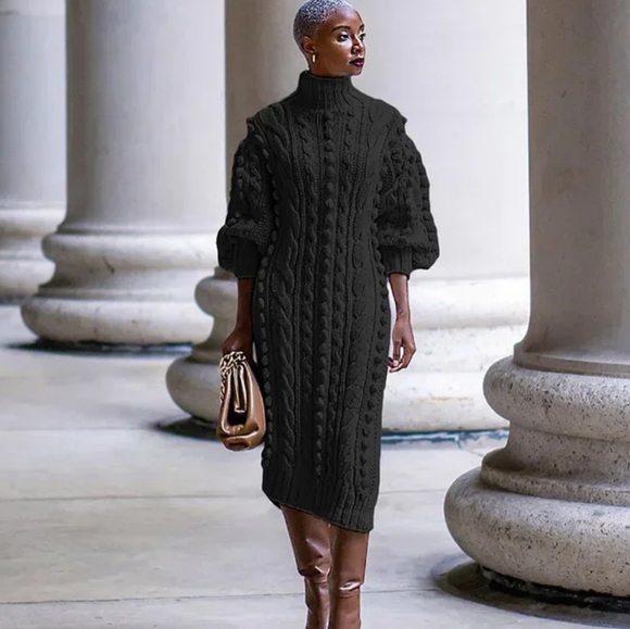 Autumn Women Long Sleeve Turtleneck Knitted Dress - Picture 7 of 8